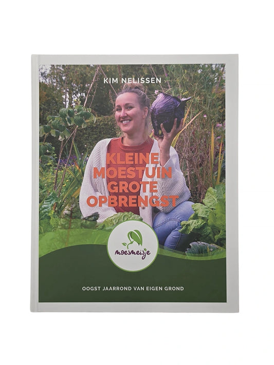 Couverture de « Kleine moestuin, grote opbrengst » de Kim Nelissen, connue sous le nom de Moesmeisje